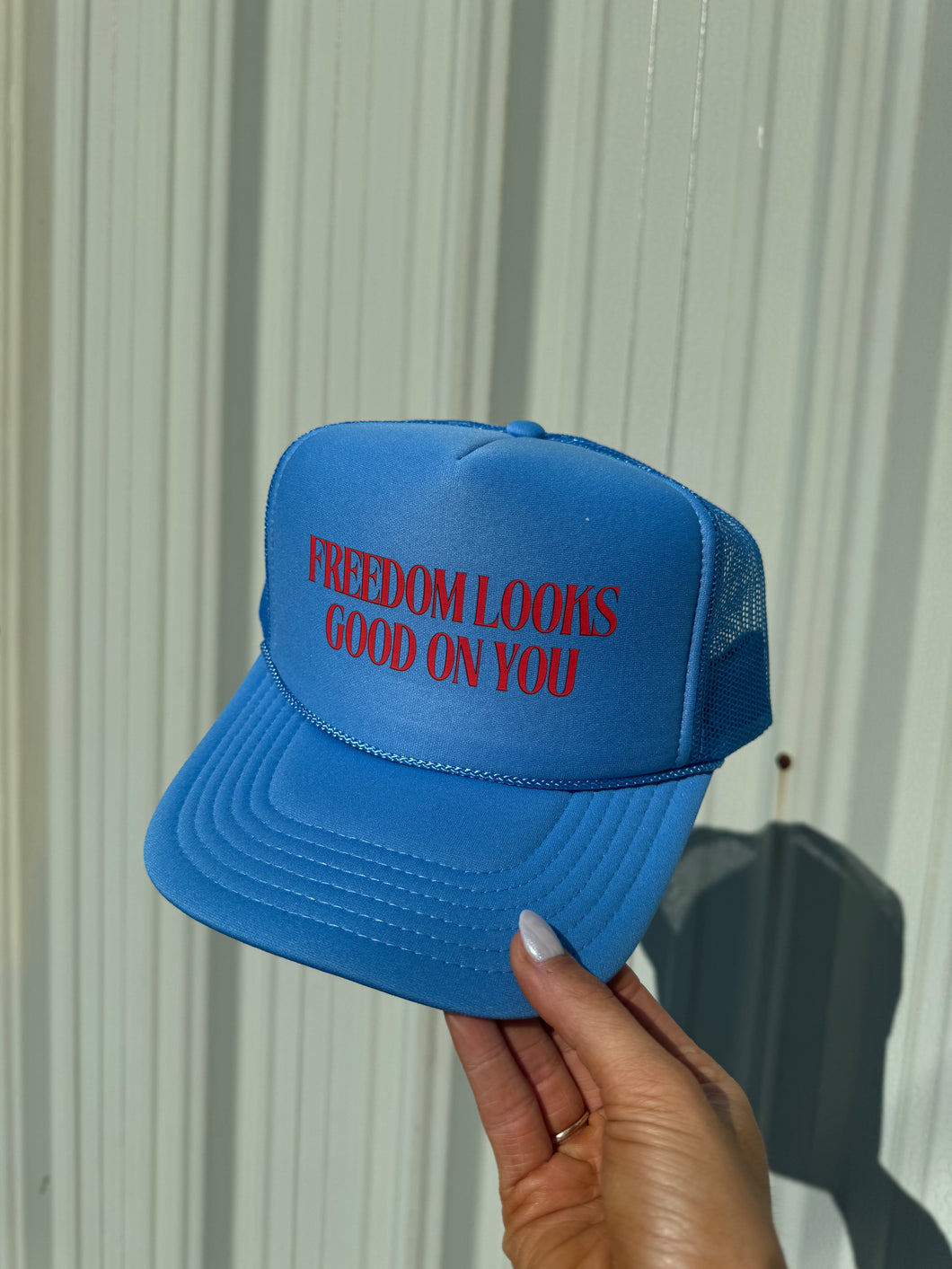 Freedom Looks Good on You Trucker Hat- Blue