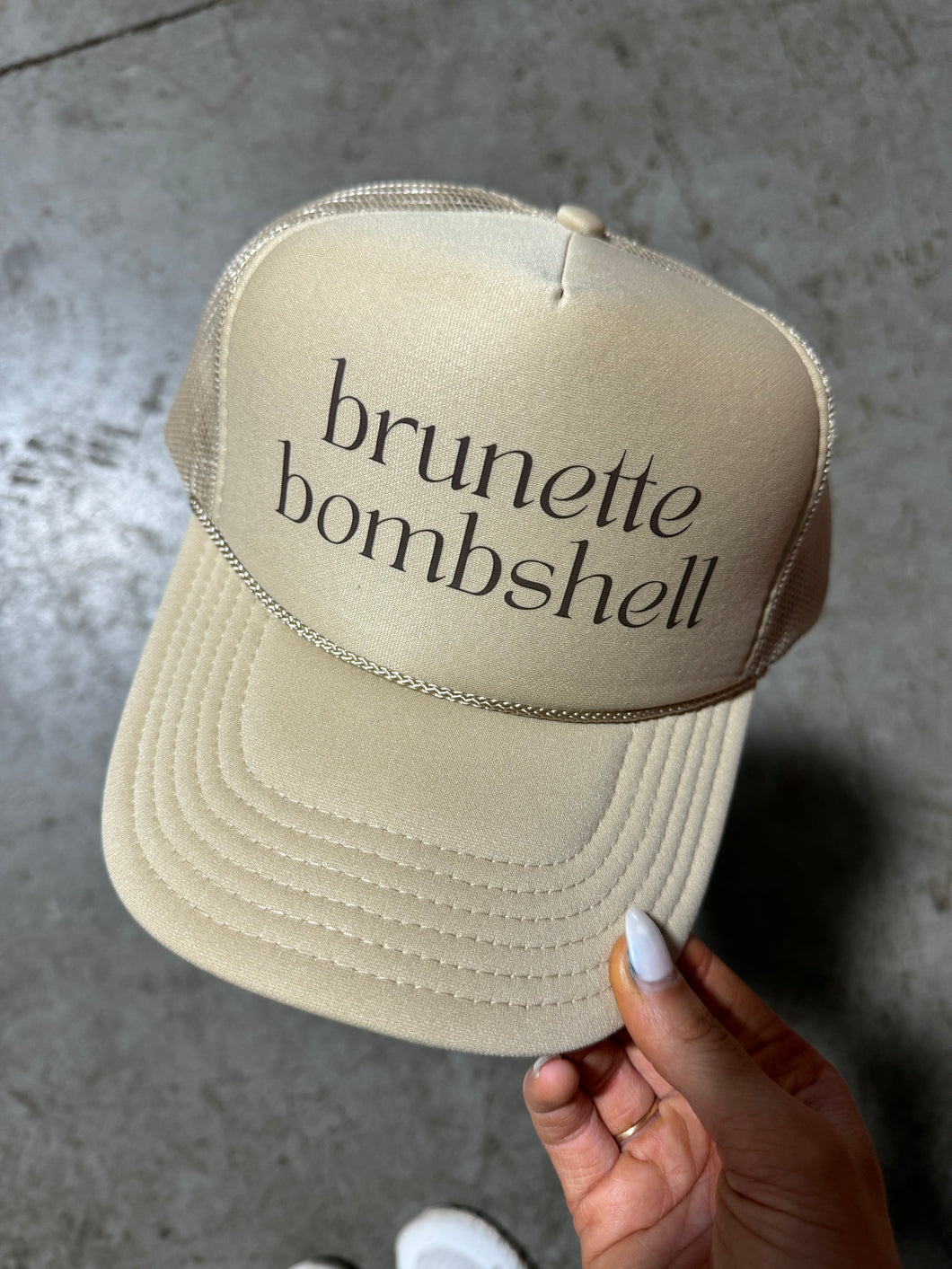 Brunette Bombshell Trucker Hat- Tan