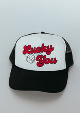 Load image into Gallery viewer, Lucky You Trucker Hat- Black and White
